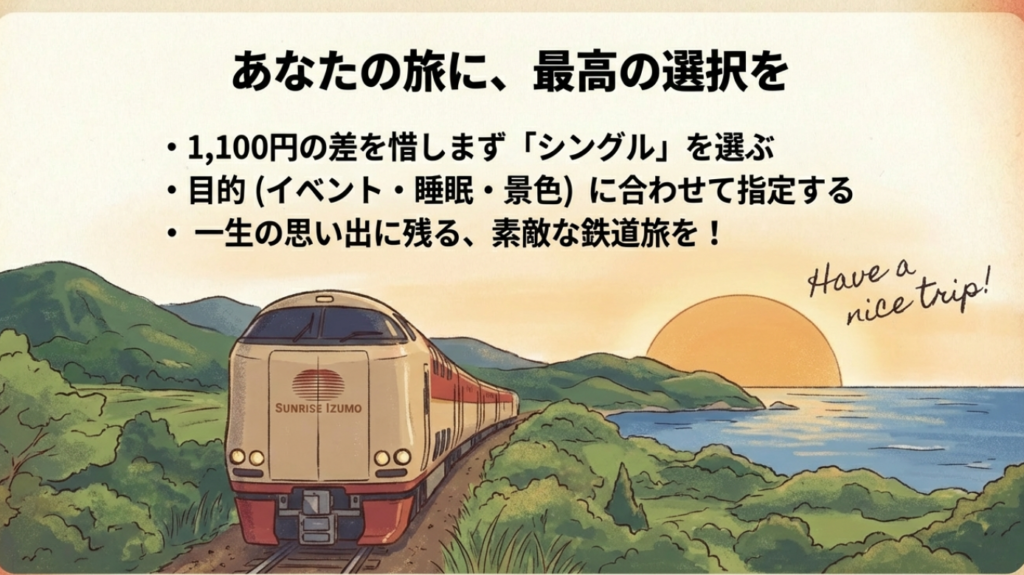 サンライズ瀬戸と出雲はどっち?料金や部屋の違いを徹底比較 14 夕暮れの海辺を走るサンライズ出雲のイラスト。最高の旅を提案する結びのスライド