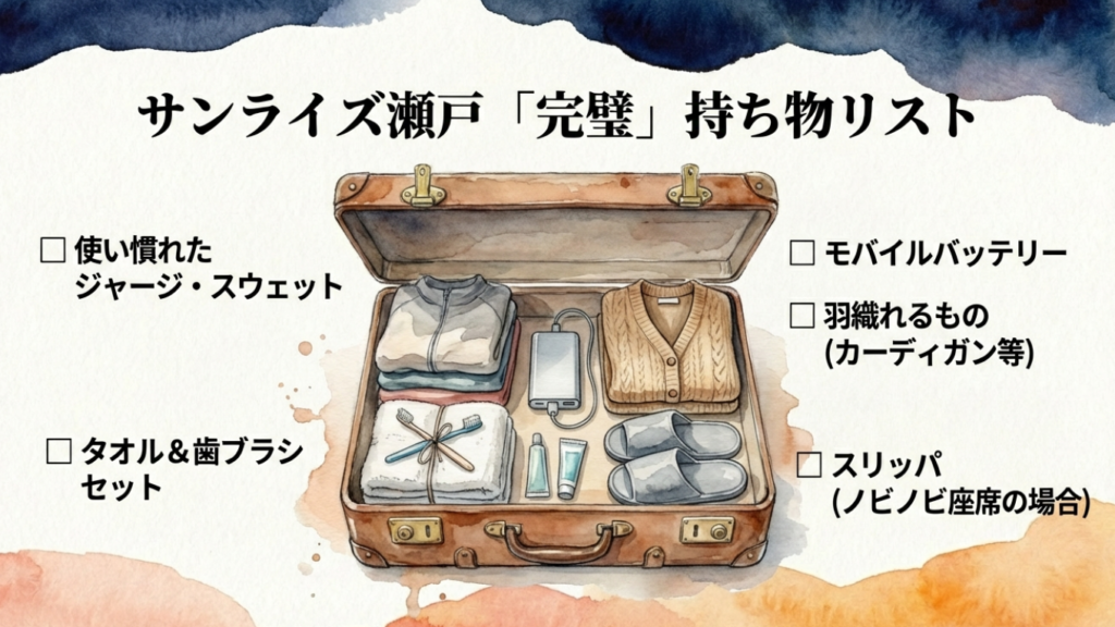 サンライズ瀬戸完璧持ち物リスト。ジャージ、タオルセット、バッテリーなど