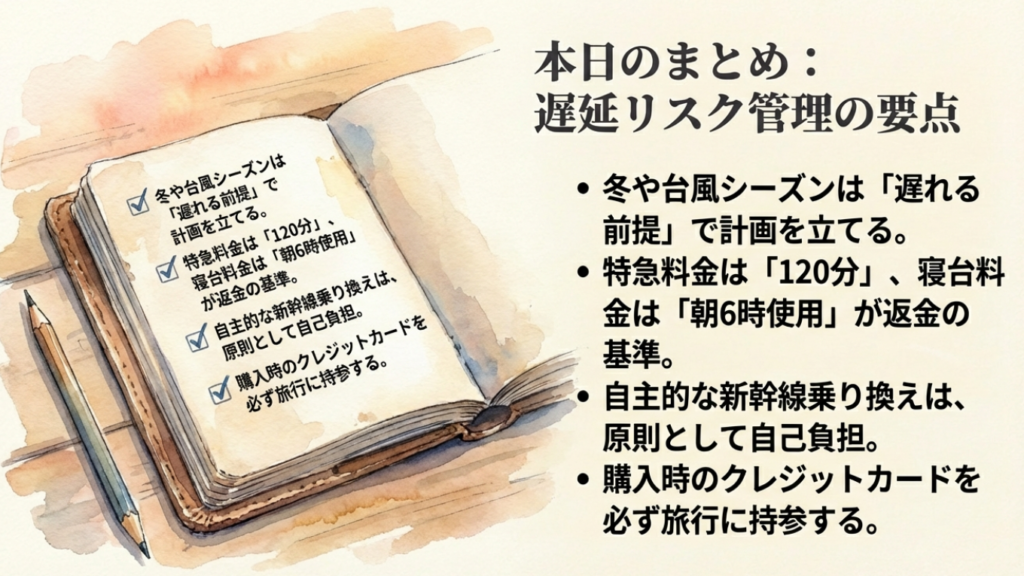 サンライズ瀬戸は遅れやすい?冬場のリスクと払い戻し・振替ガイド 14 本日のまとめ サンライズ瀬戸の遅延リスク管理の要点リスト