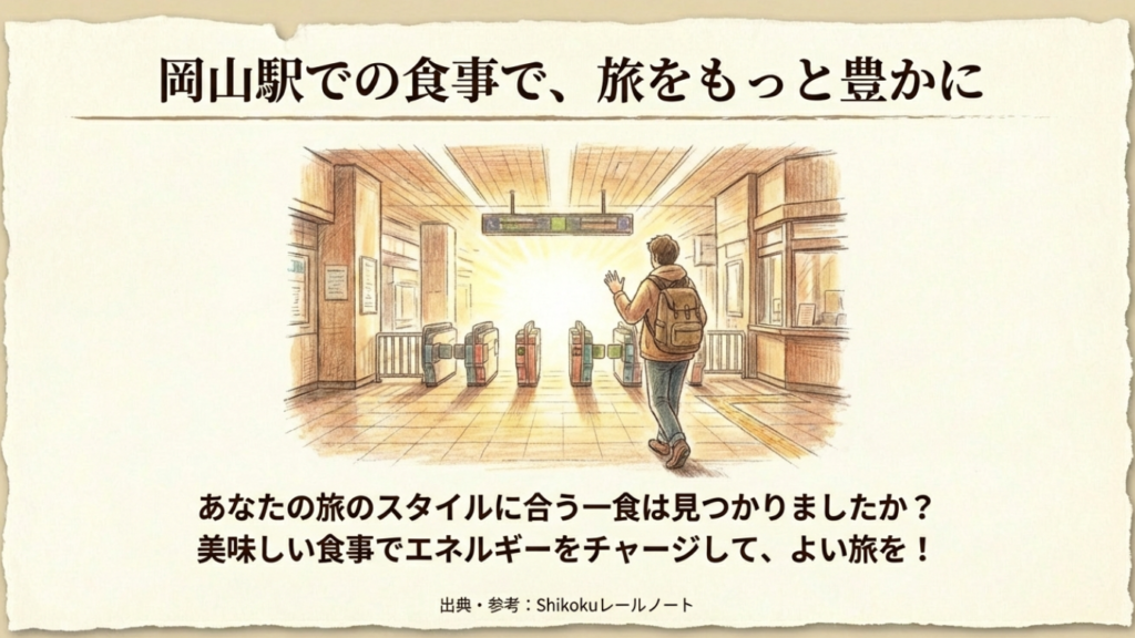 岡山駅の改札を出て旅に向かう男性のイラスト