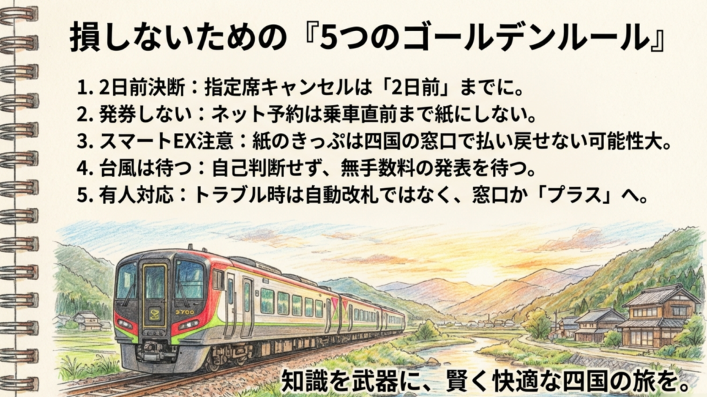 JR四国の払い戻し手数料を完全解説!台風や遅延時の対応も網羅 13 損をしないための5つのゴールデンルール。自己都合は2日前まで、ネット予約は直前発券、台風時は公式確認など