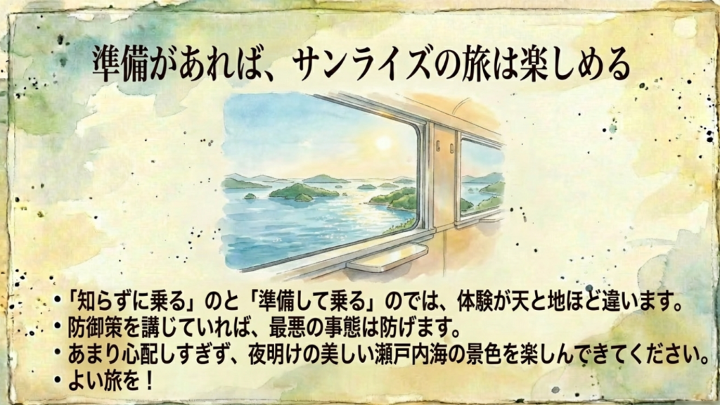 【徹底解説】サンライズ瀬戸の喫煙室は臭い?対策と実態レポート 15 準備があればサンライズの旅は楽しめるというメッセージ