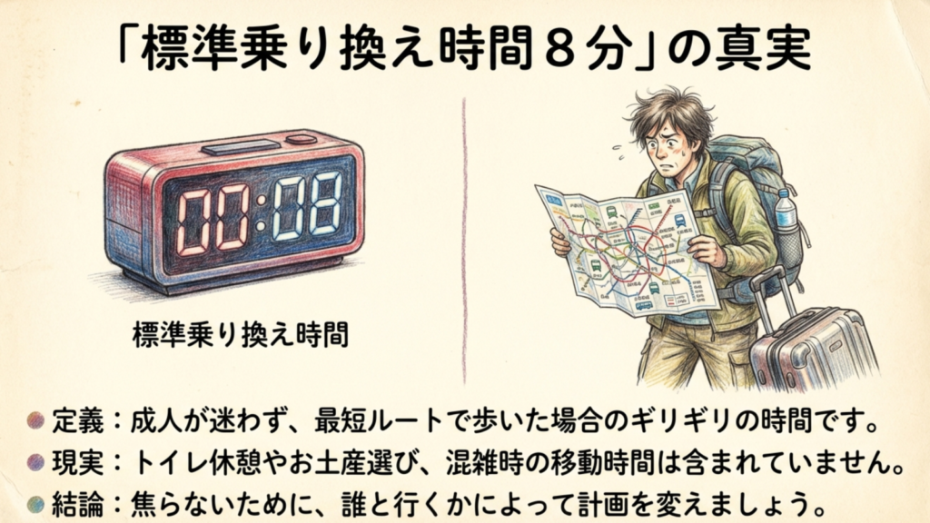 乗り換え8分はプロ向けの最短タイムです 岡山駅乗り換え8分の壁と焦る旅行者のイラスト