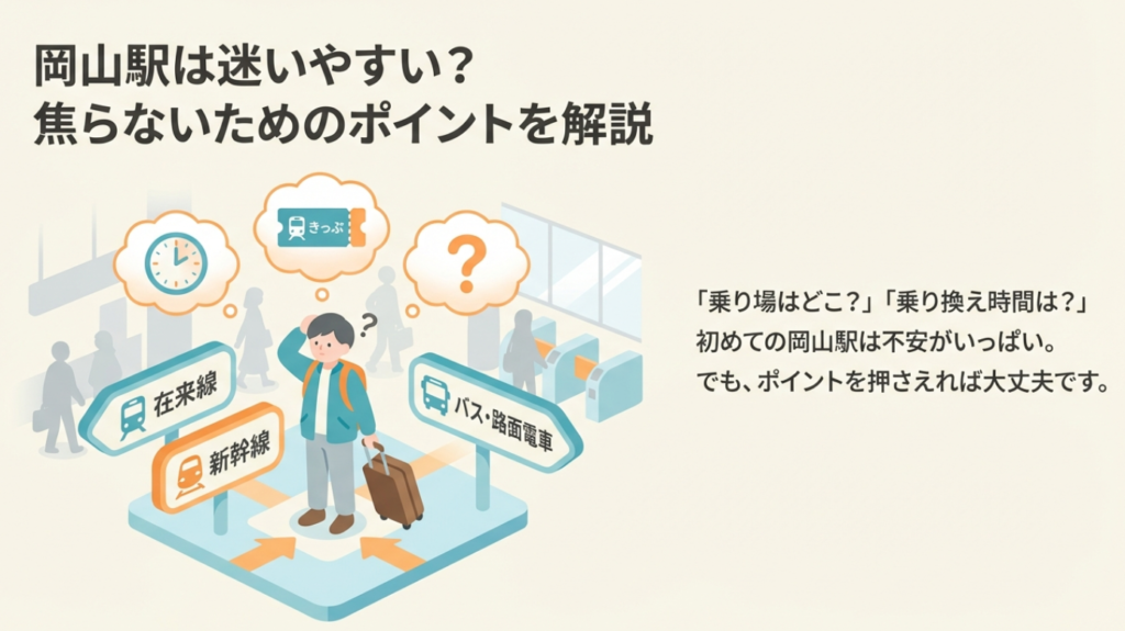 岡山駅での乗り換えの悩み 岡山駅の乗り換えで迷う旅行者のイラスト