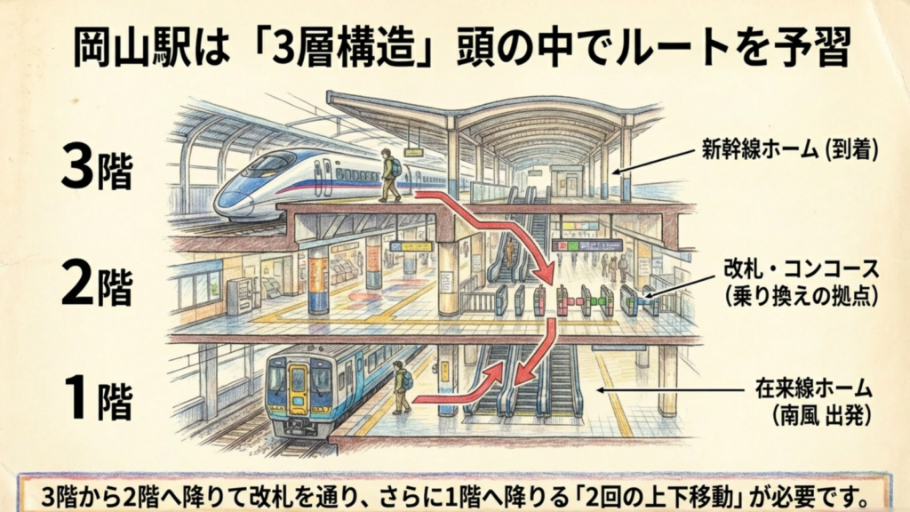 岡山駅は3階から1階へ降りるダンジョン 岡山駅の3階新幹線ホームから1階在来線ホームへの移動ルート図解