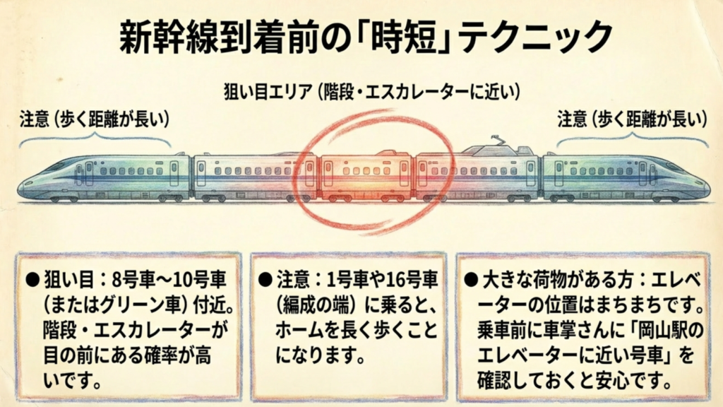 到着前の準備:降りる場所で勝負が決まる 岡山駅の階段に近い新幹線の狙い目号車(8〜10号車)