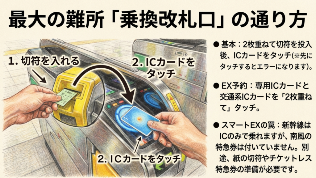 最大の難関「乗り換え改札」の鉄則 乗り換え改札での切符投入とICカードタッチの正しい順序イラスト