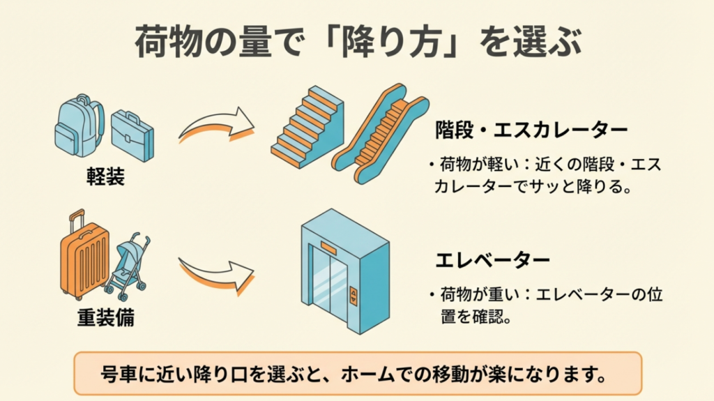 荷物量別のホームへの降り方 荷物の量に合わせて階段かエレベーターを選ぶ
