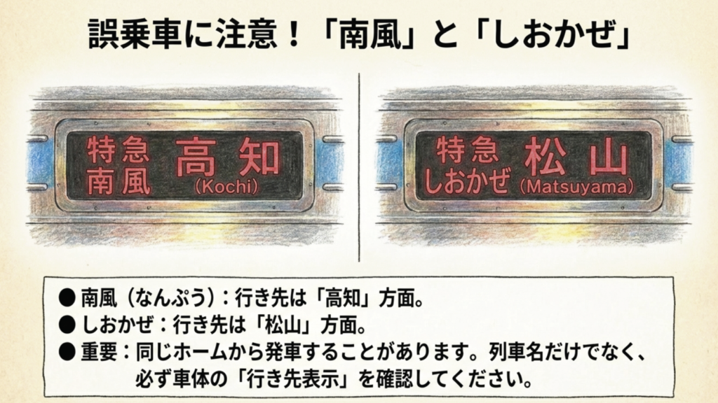 6番・8番のりばの誤乗車に注意 特急南風と特急しおかぜの誤乗車を防ぐための行き先確認ガイド