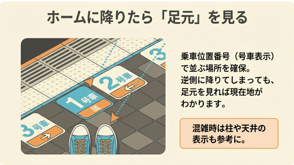 足元の乗車位置番号で並ぶ場所を確認 ホームの足元にある号車番号と乗車位置案内
