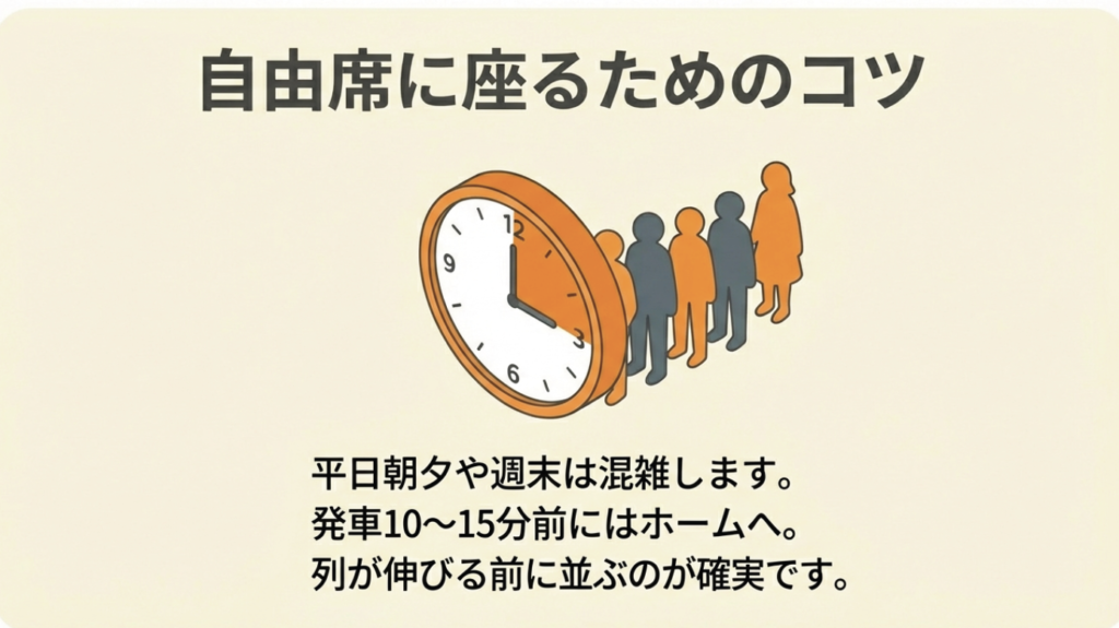 自由席に座るための整列時間の目安 自由席に座るため発車10〜15分前には並ぶ