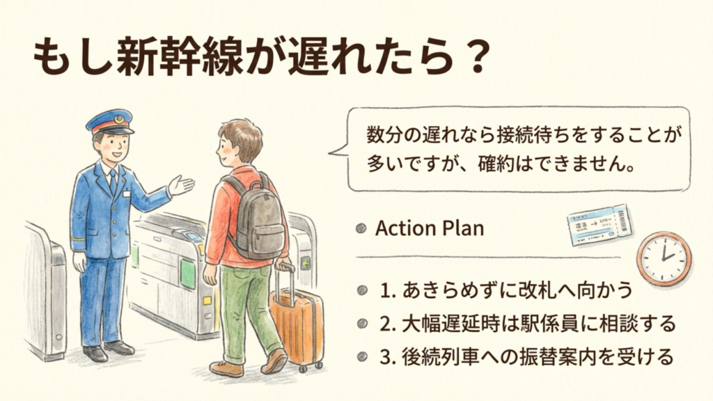 もし新幹線が遅れたら? 新幹線遅延時の接続待ち対応について説明する駅員のイラスト