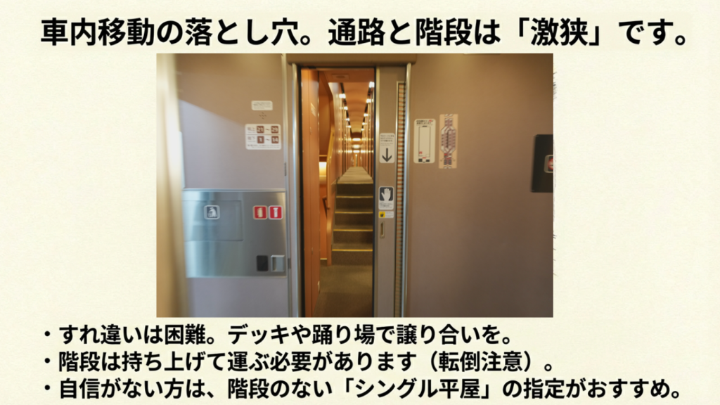 車内の階段移動への注意 車内移動のマナーと階段の罠・揺れる車内で重い荷物を持って階段を上がるのは重労働