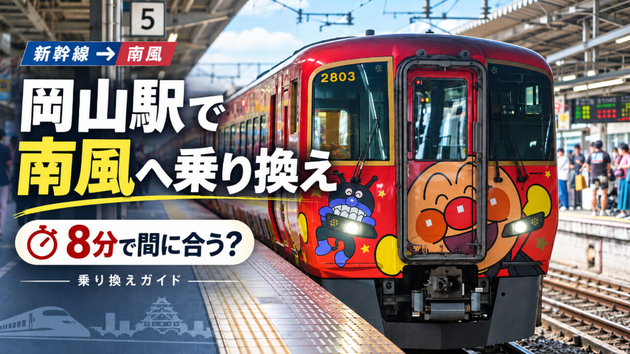 岡山駅で新幹線から特急南風へ乗り換える方法を解説するアイキャッチ画像