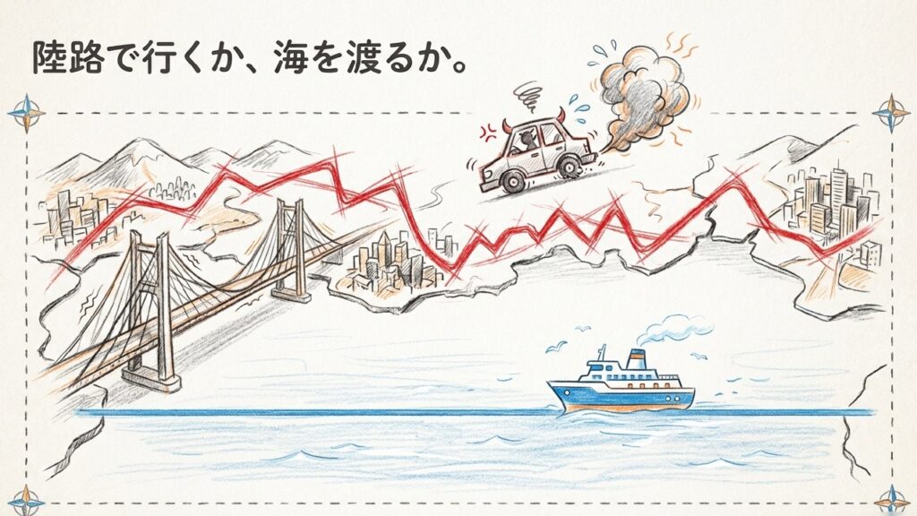 松山から和歌山へフェリーで快適移動!料金や時間を徹底解説 1 陸路で行くか海を渡るか、松山から和歌山へのルート比較イラスト