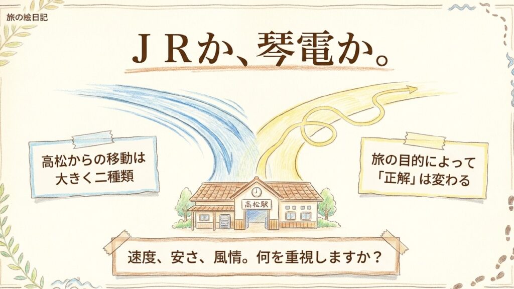 旅の目的に合わせたJRと琴電の選び方を示すイラスト