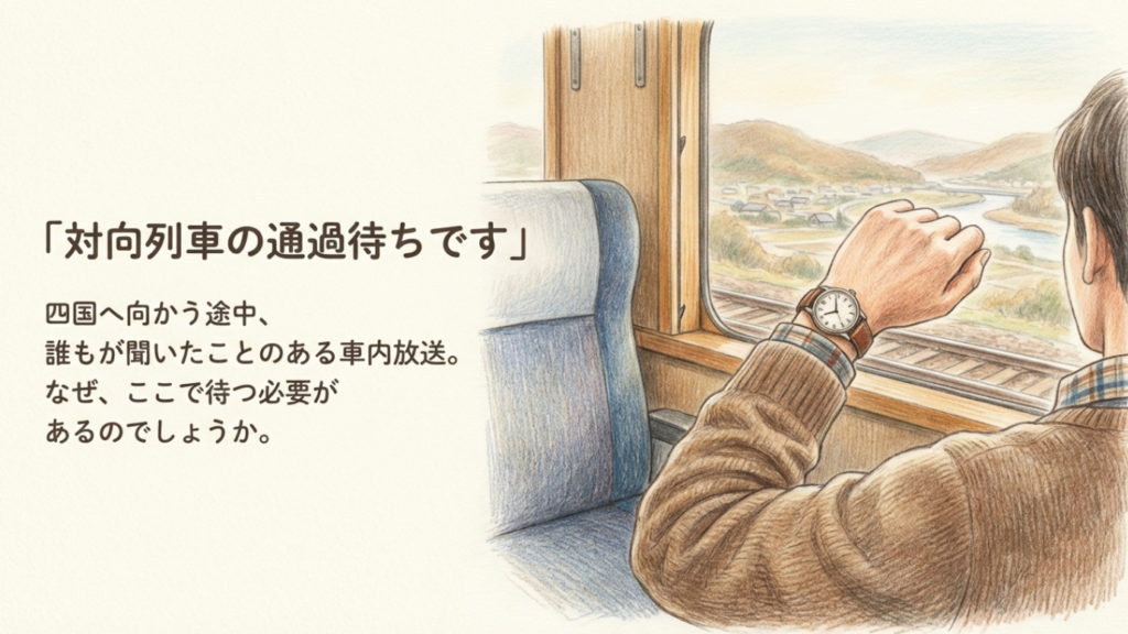 車内放送で対向列車の通過待ちを案内するイメージ