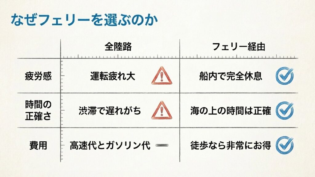 全陸路とフェリー経由の比較 全陸路ルートとフェリー経由ルートの疲労感、時間の正確さ、費用を比較した表