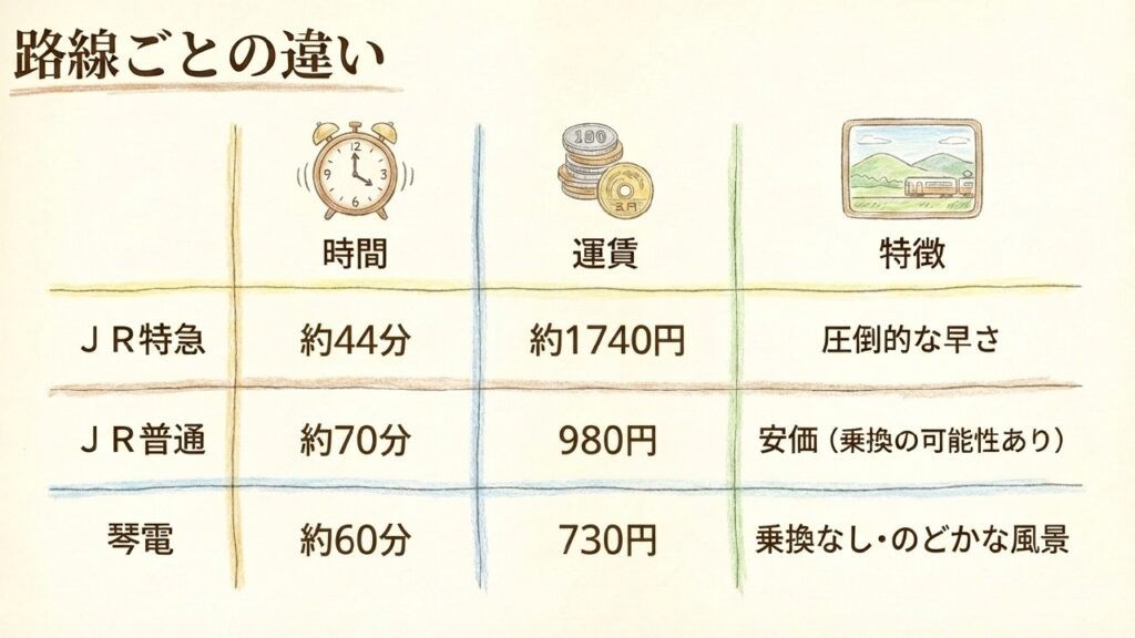 JR特急、JR普通、琴電の所要時間と運賃の比較表