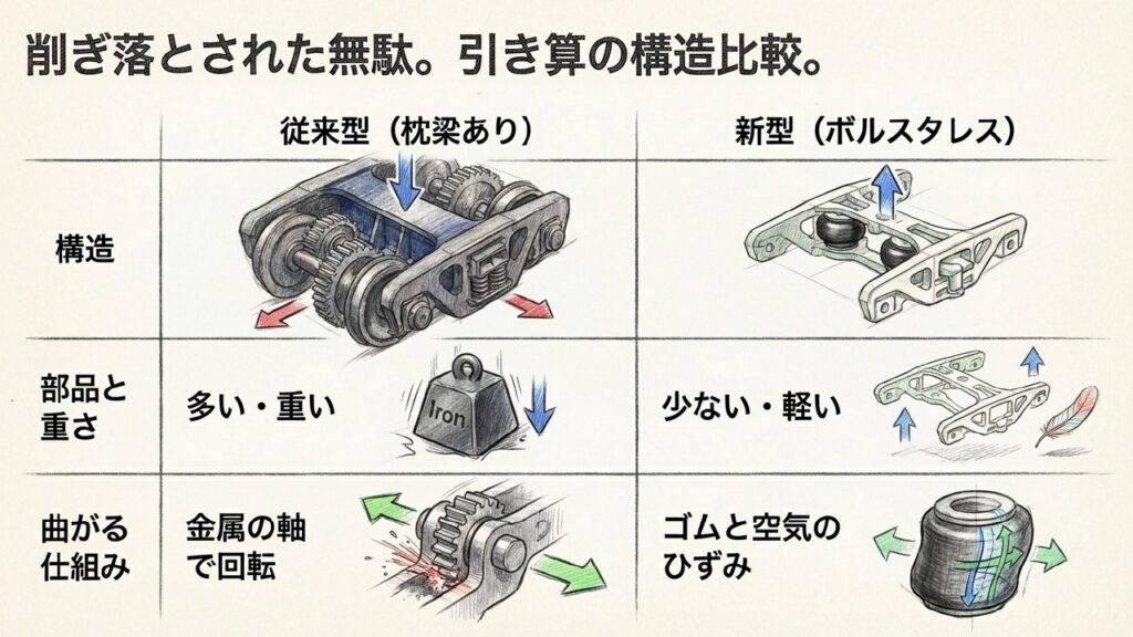 従来型とボルスタレス型の構造比較