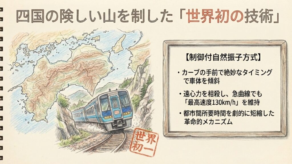 四国の険しい山を制した世界初の技術 四国の険しい山脈を走る世界初の振り子式特急N2000系のイラスト