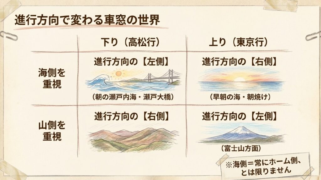 進行方向で変わる車窓の世界 下り高松行と上り東京行の海側山側比較