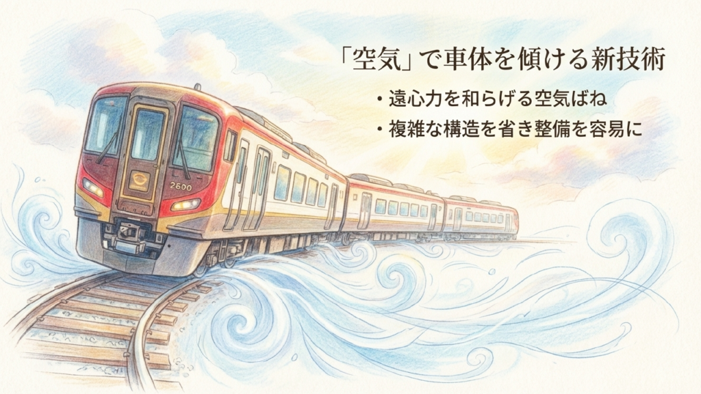 「空気」で車体を傾ける新技術 空気ばねを活用して遠心力を和らげ、複雑な構造を省いた2600系の車体傾斜メカニズム