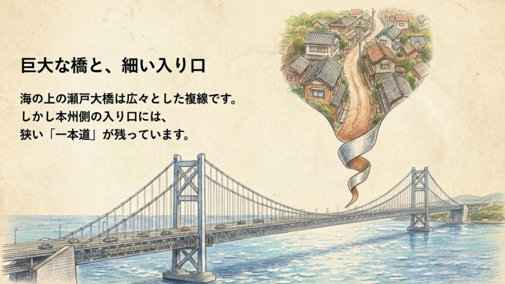 広々とした瀬戸大橋の複線と狭い本州側の単線区間の対比