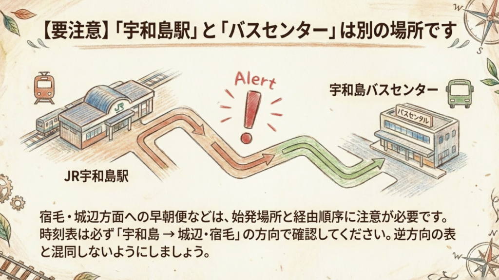 宇和島駅での乗り換え完全ガイド!待ち時間と暇つぶし情報 3 JR宇和島駅と宇和島バスセンターの位置関係マップ