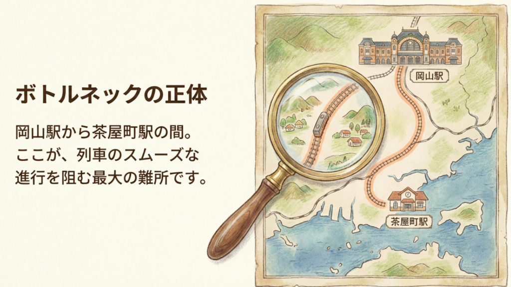 岡山駅から茶屋町駅までの路線図と単線区間の強調