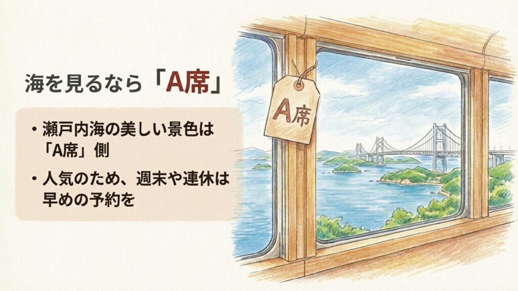 景色を楽しむA席 瀬戸内海の景色が楽しめる特急しおかぜのA席