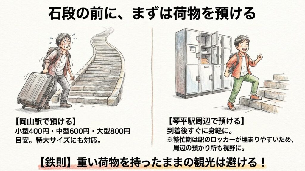 コインロッカー活用術 岡山駅と琴平駅でのコインロッカー活用で重い荷物を預ける