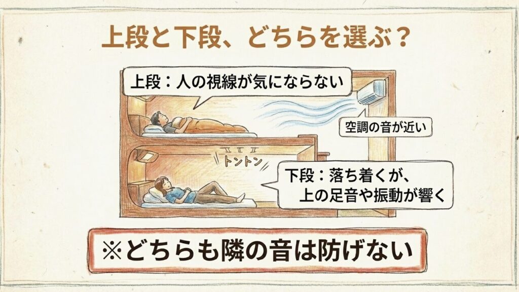 ノビノビ座席の上段は視線が気にならないが空調が近く、下段は上の足音や振動が響く
