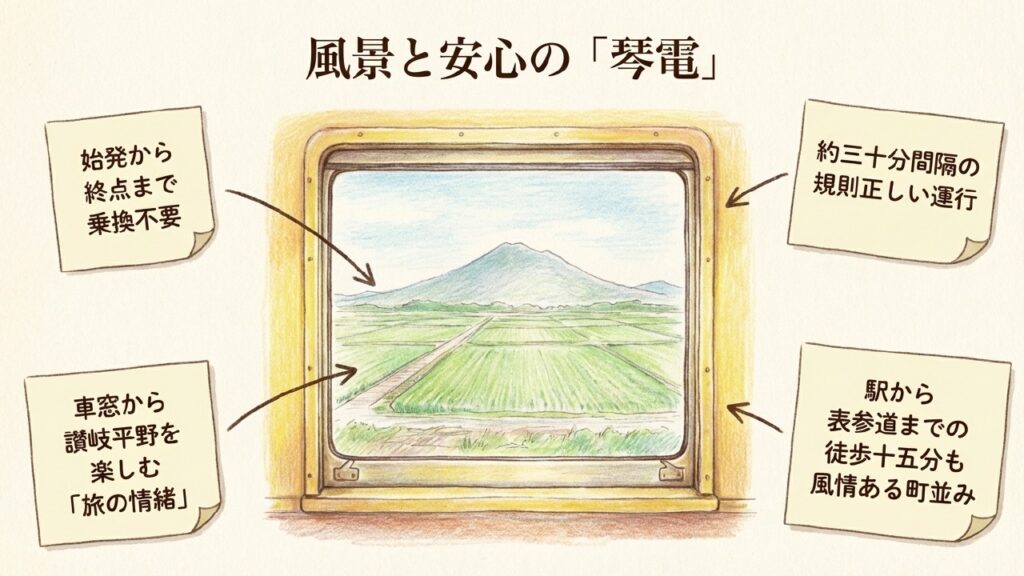 のどかな風景を楽しめることでんの魅力を表すイラスト