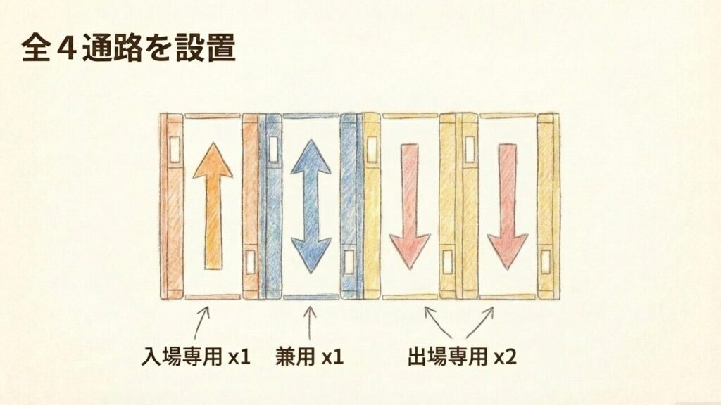 徳島駅に設置される自動改札機4通路の内訳（入場専用1、出場専用2、兼用1）