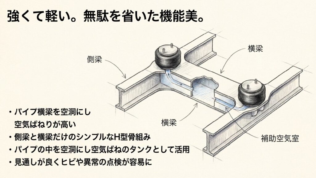 空気ばねのタンクとして活用される横梁