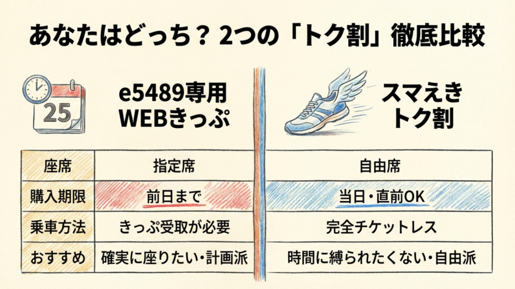 e5489専用WEBきっぷとスマえきトク割の比較表