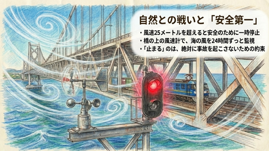風速25メートルでの一時停止と風速計による監視