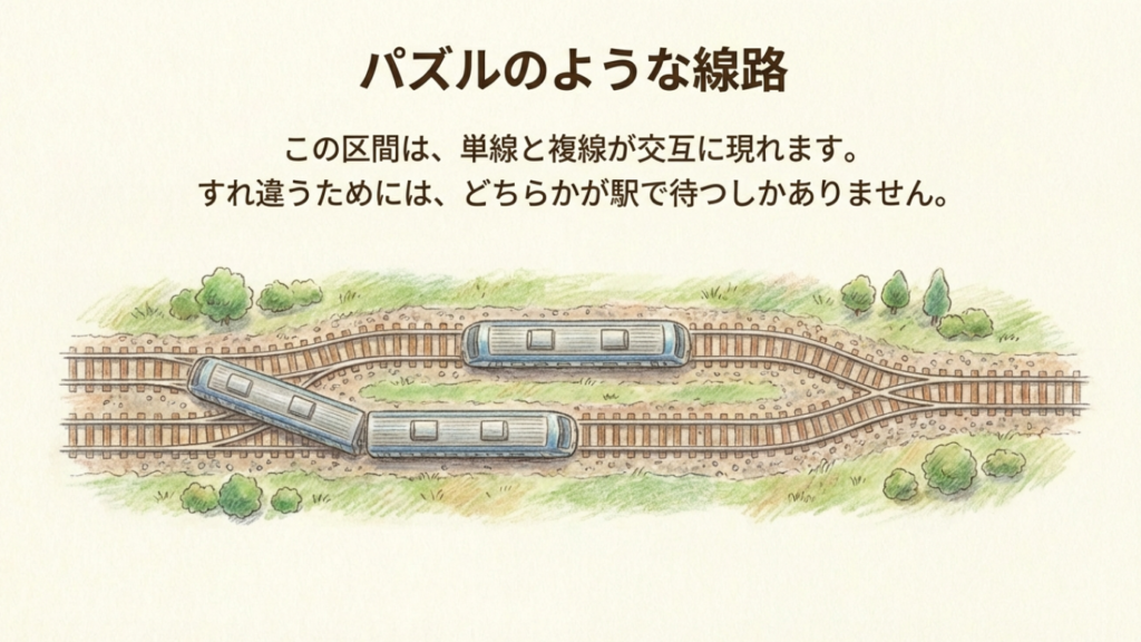 単線と複線が複雑に組み合わさったパズルのような線路