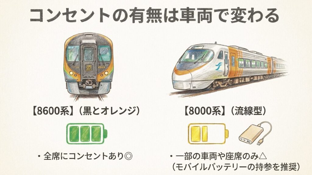 車両別のコンセント設備 8600系と8000系のコンセント設備の有無の違い