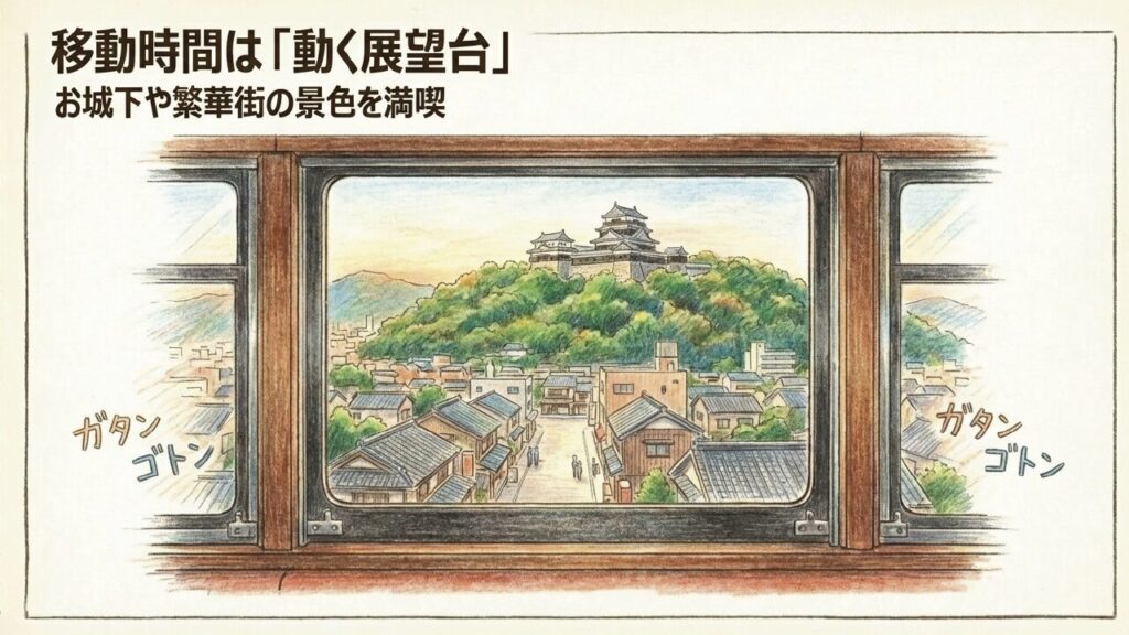 動く展望台としてお城下や繁華街の景色を満喫する車窓