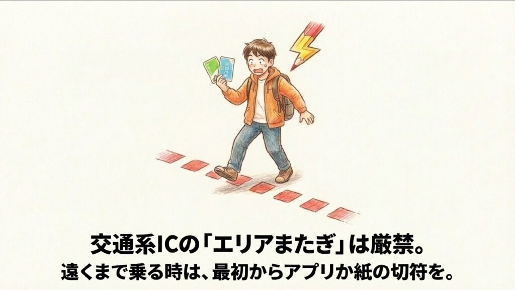 交通系ICのエリアまたぎは厳禁。遠くまで乗る時はアプリか紙の切符を