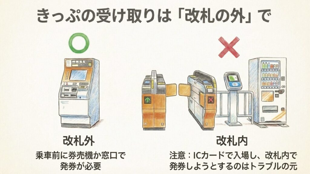 改札外でのきっぷ受け取り きっぷの受け取りは改札外の券売機で行う注意点