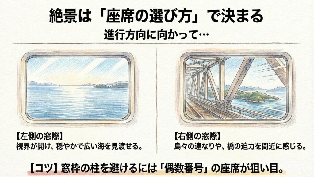 瀬戸大橋を満喫する座席選び 瀬戸大橋の絶景を楽しむための特急南風の座席選び(左側・右側)