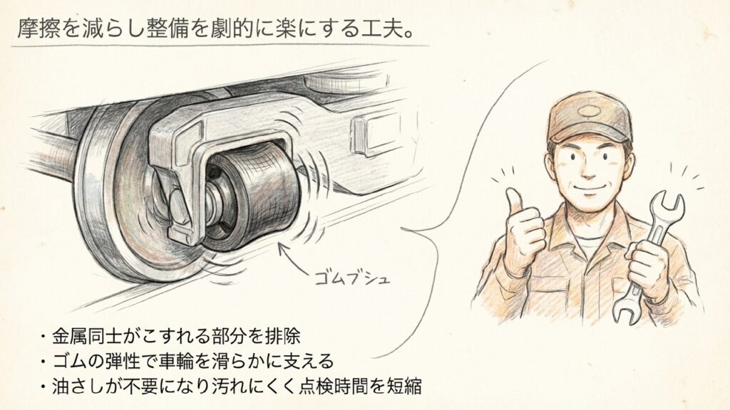 ゴムブシュによる摩擦軽減と整備性向上
