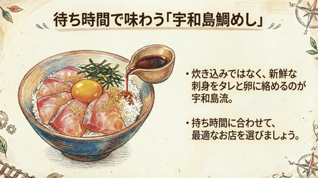宇和島駅での乗り換え完全ガイド!待ち時間と暇つぶし情報 6 宇和島駅から徒歩圏内の鯛めし店