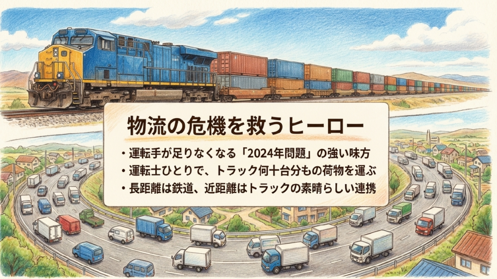 道路から鉄路への移行で二酸化炭素排出を減らすエコパワー