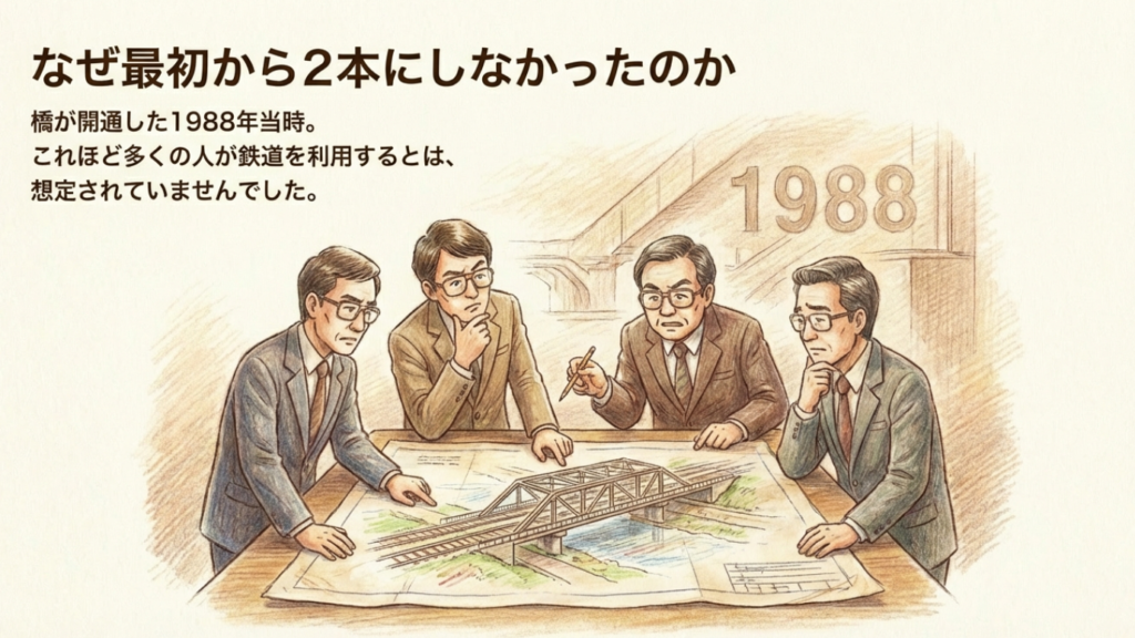 1988年開通当時の設計者たちが議論している様子