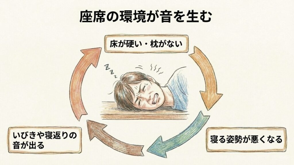 ノビノビ座席は床が硬く枕がないため寝る姿勢が悪くなり、いびきや寝返りの音が出る悪循環