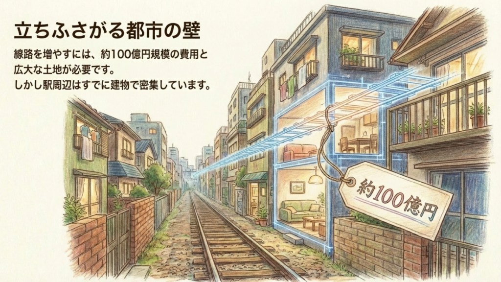100億円の費用と建物の密集を表現したイラスト